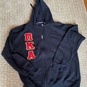 Black Hoodie with Red and Yellow Greek Letters Pi Kappa Alpha